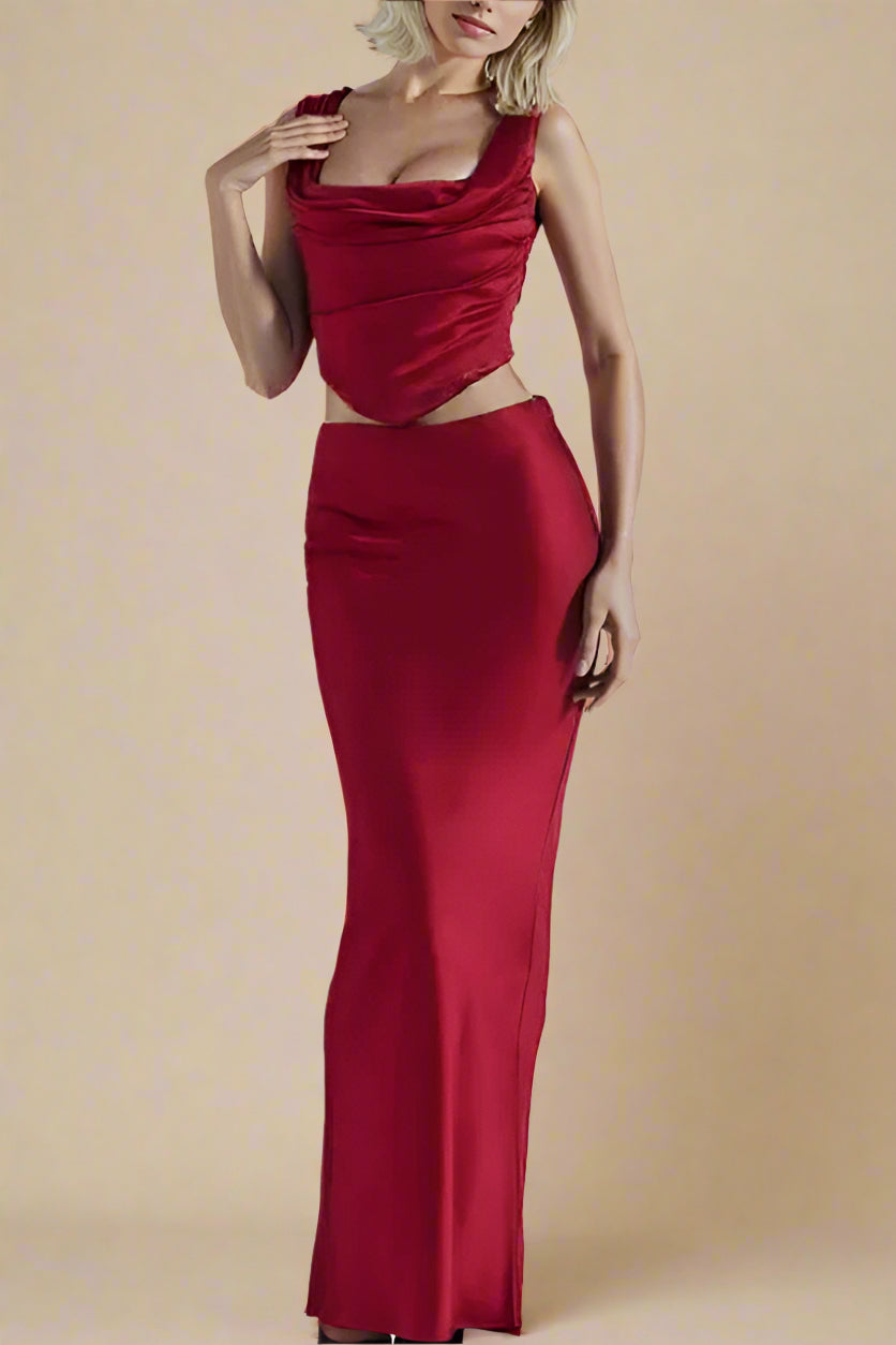 Woman wearing a figure flattering  Sabrina Wrap Top and Maxi Skirt Outfit Set - Lipstick Red BODYCON COLLECTION