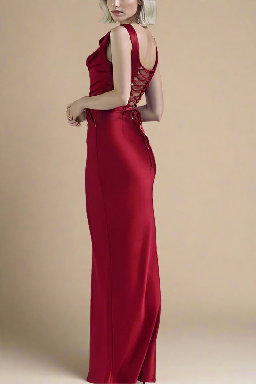 Woman wearing a figure flattering  Sabrina Wrap Top and Maxi Skirt Outfit Set - Lipstick Red BODYCON COLLECTION