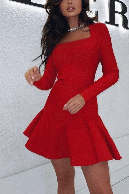 Woman wearing a figure flattering  Sara Bodycon Long Sleeve Mini Dress - Lipstick Red BODYCON COLLECTION