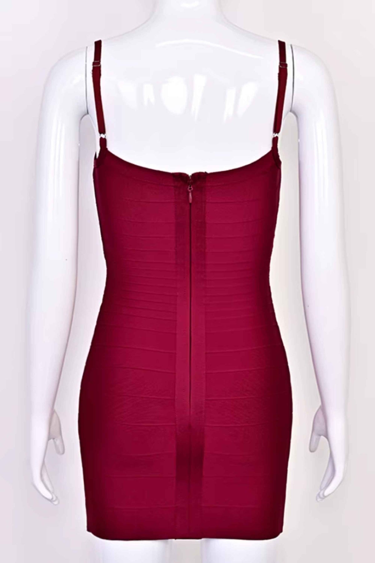 Woman wearing a figure flattering  Scarlett Bandage Mini Dress - Red Wine BODYCON COLLECTION Pty Ltd