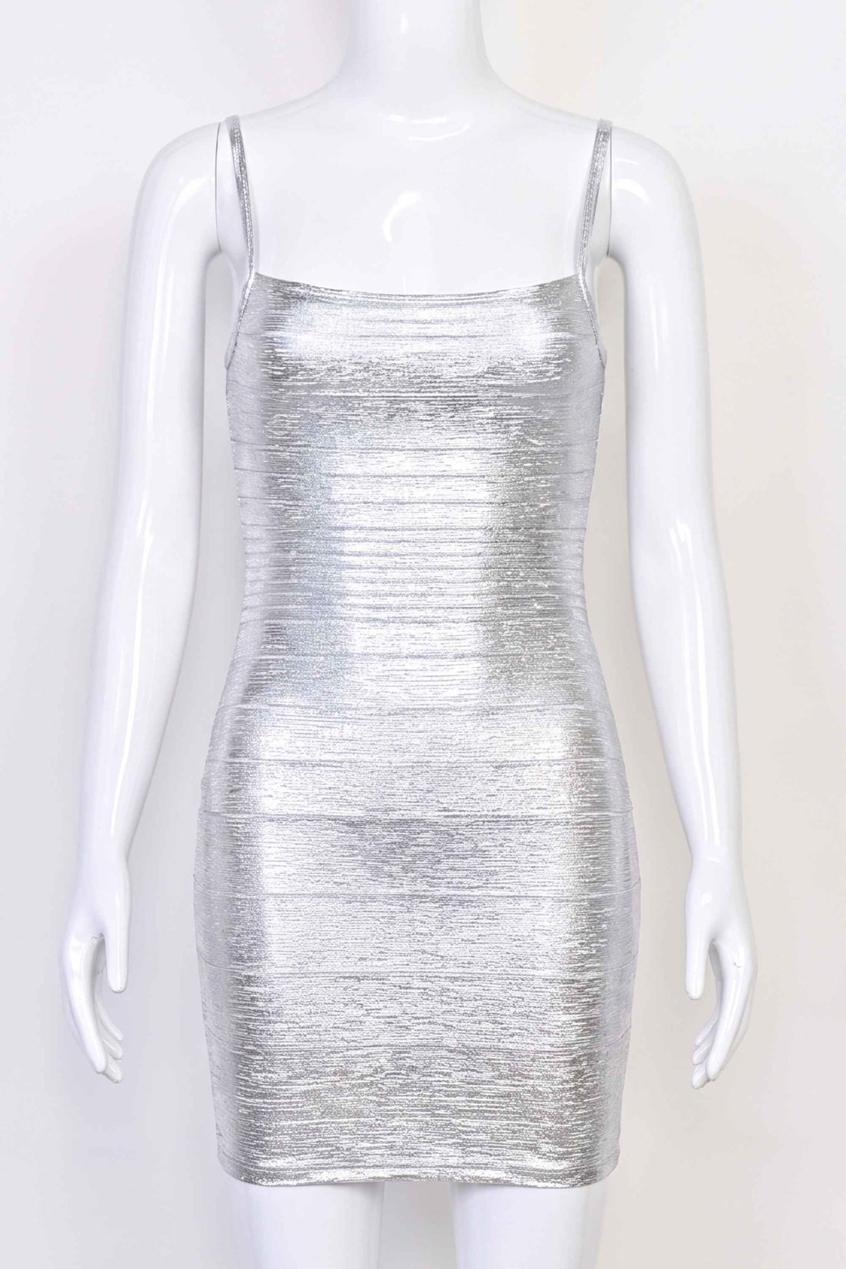 Woman wearing a figure flattering  Scarlett Bandage Mini Dress - Silver BODYCON COLLECTION Pty Ltd