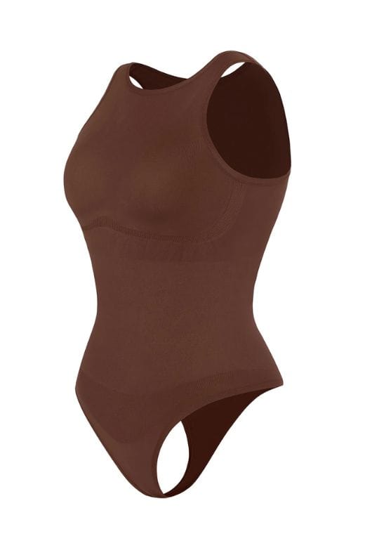 Woman wearing a figure flattering  Sculpting High Neck One Piece Bodysuit Shapewear - Panties Bodycon Collection