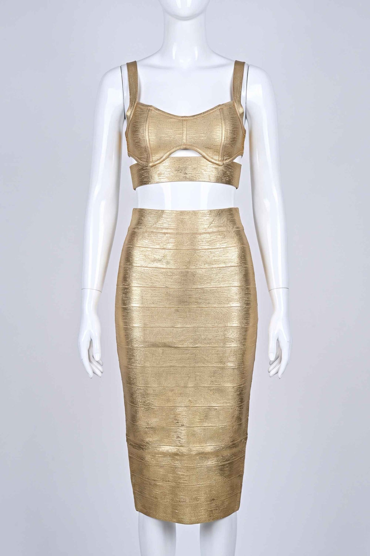Woman wearing a figure flattering  Selene Bandage Crop Top and Midi Skirt Set - Gold BODYCON COLLECTION Pty Ltd