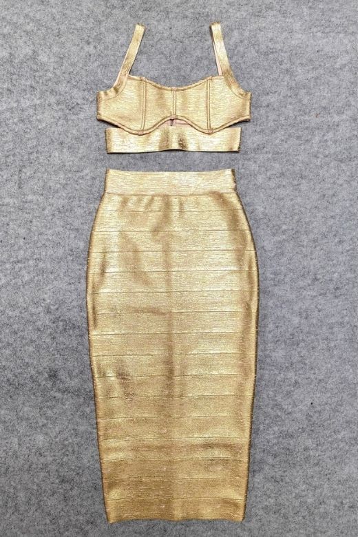 Woman wearing a figure flattering  Selene Bandage Crop Top and Midi Skirt Set - Gold BODYCON COLLECTION Pty Ltd