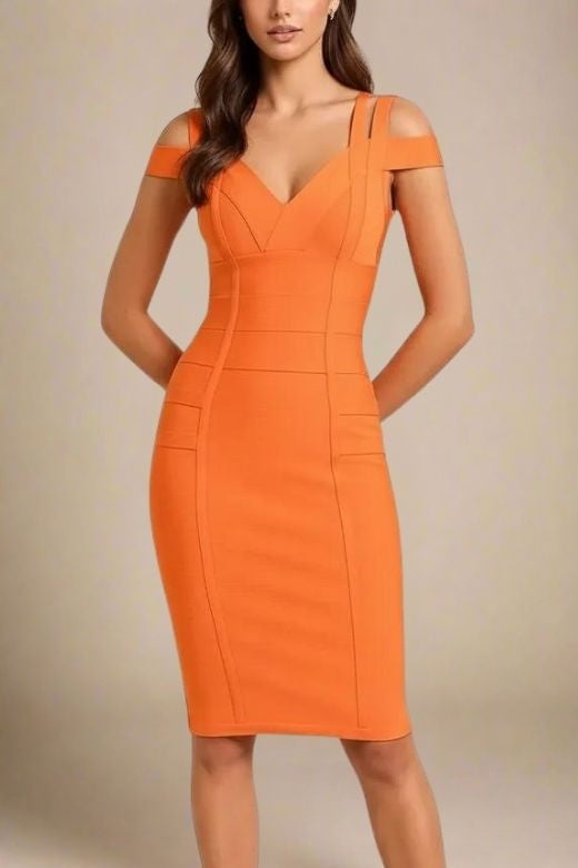 Woman wearing a figure flattering  Sia Bandage Dress - Apricot Orange Bodycon Collection