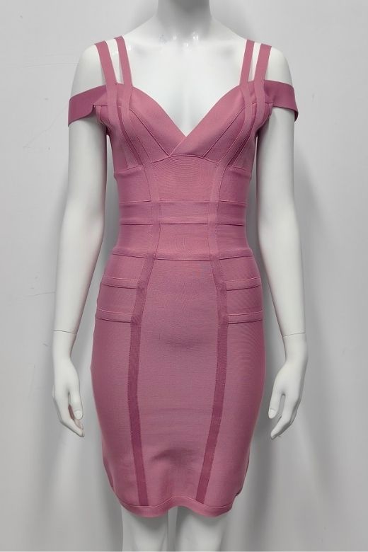 Woman wearing a figure flattering  Sia Bandage Dress - Ballet Pink Bodycon Collection