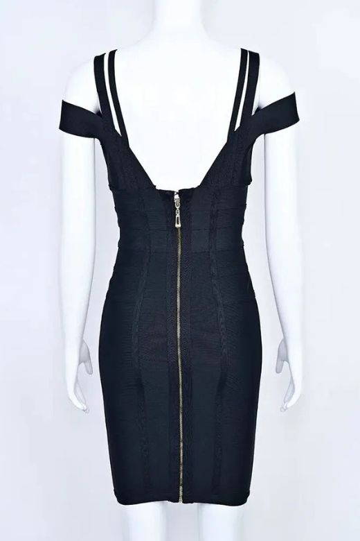 Woman wearing a figure flattering  Sia Bandage Dress - Classic Black Bodycon Collection