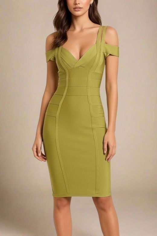Woman wearing a figure flattering  Sia Bandage Dress - Olive Green Bodycon Collection