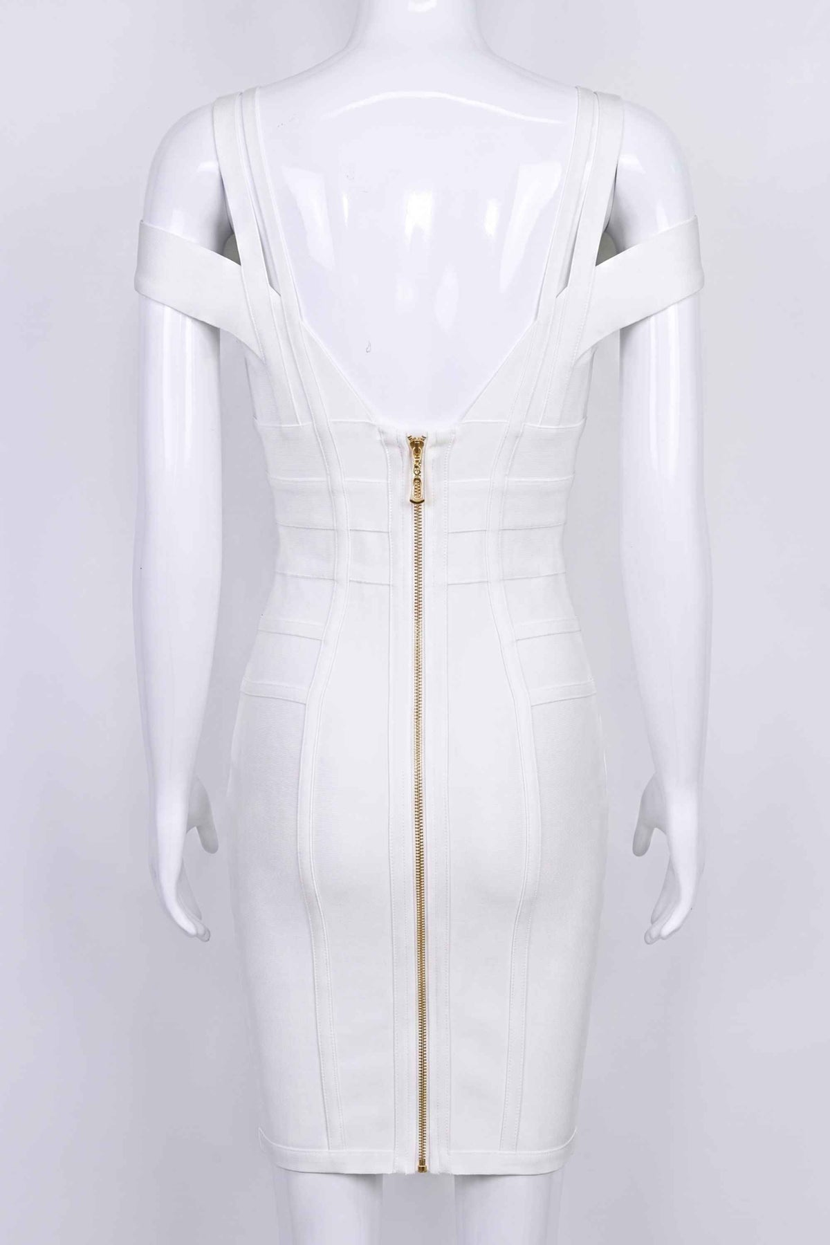 Woman wearing a figure flattering  Sia Bandage Dress - Pearl White Bodycon Collection