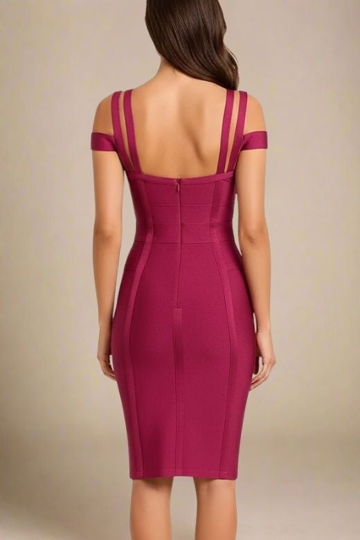 Woman wearing a figure flattering  Sia Bandage Dress - Red Wine Bodycon Collection