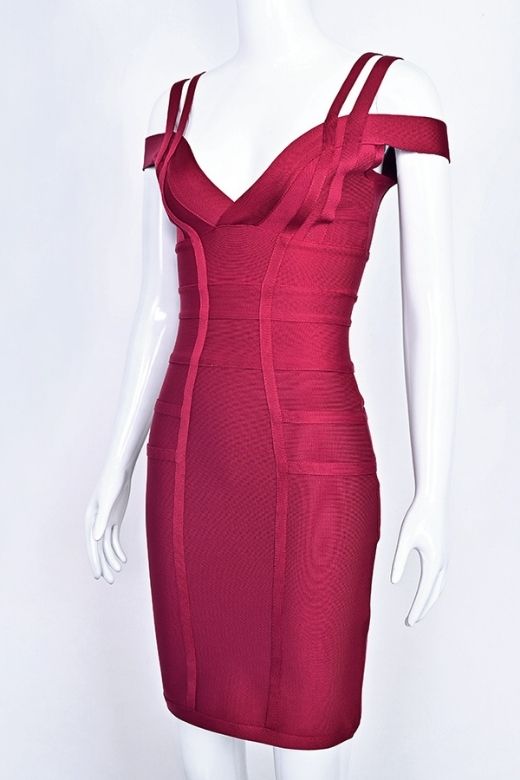 Woman wearing a figure flattering  Sia Bandage Dress - Red Wine Bodycon Collection