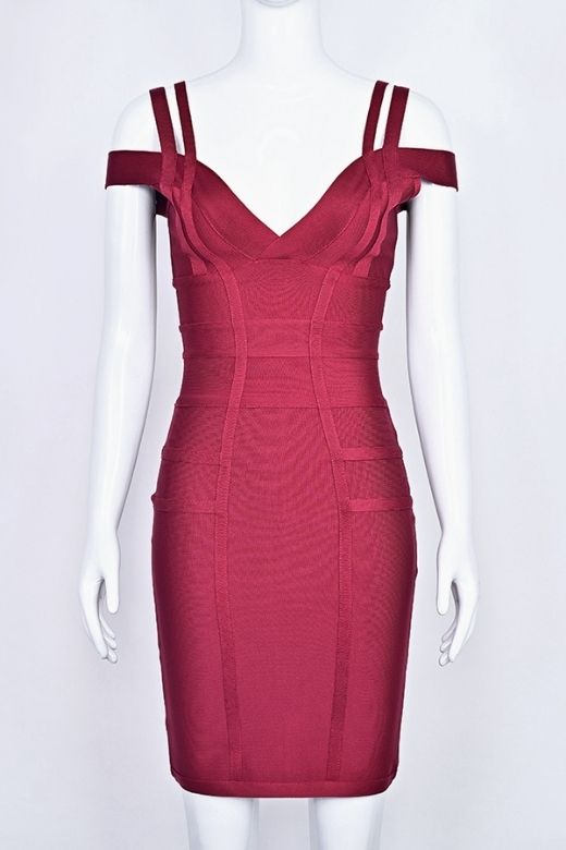 Woman wearing a figure flattering  Sia Bandage Dress - Red Wine Bodycon Collection