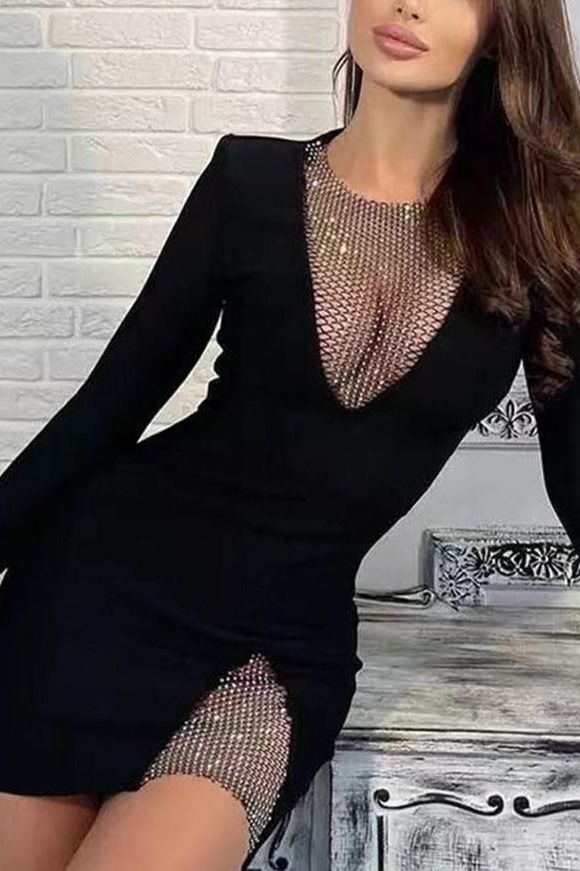 Woman wearing a figure flattering  Sofie Long Sleeve Bodycon Mini Dress - Classic Black BODYCON COLLECTION