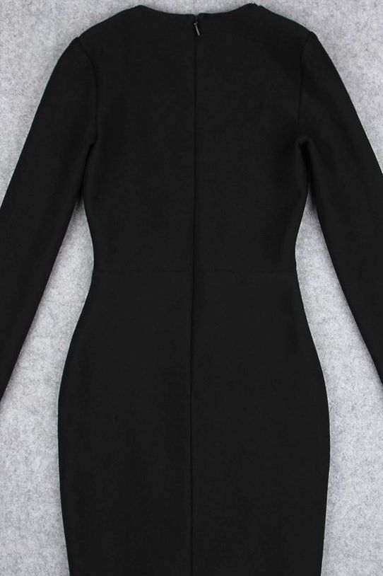 Woman wearing a figure flattering  Sofie Long Sleeve Bodycon Mini Dress - Classic Black BODYCON COLLECTION