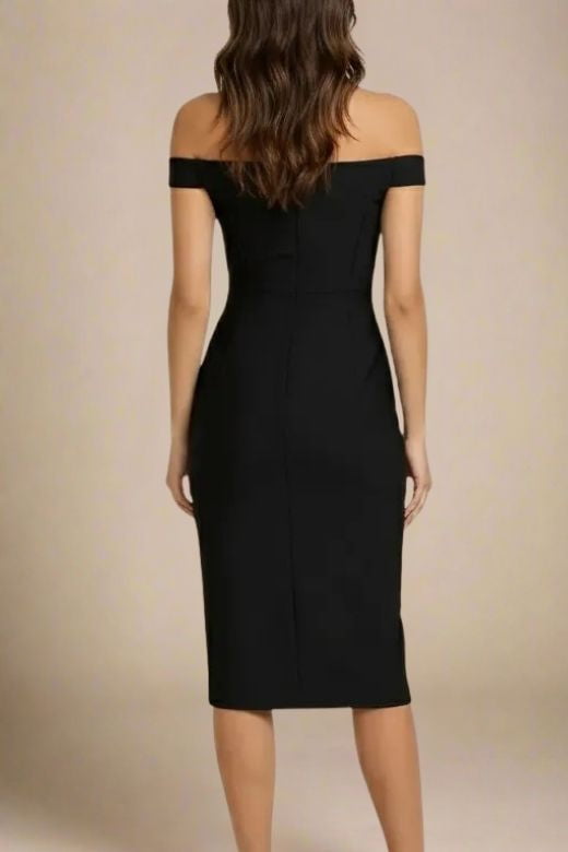 Woman wearing a figure flattering  Sofie Off Shoulder Bodycon Dress - Classic Black BODYCON COLLECTION