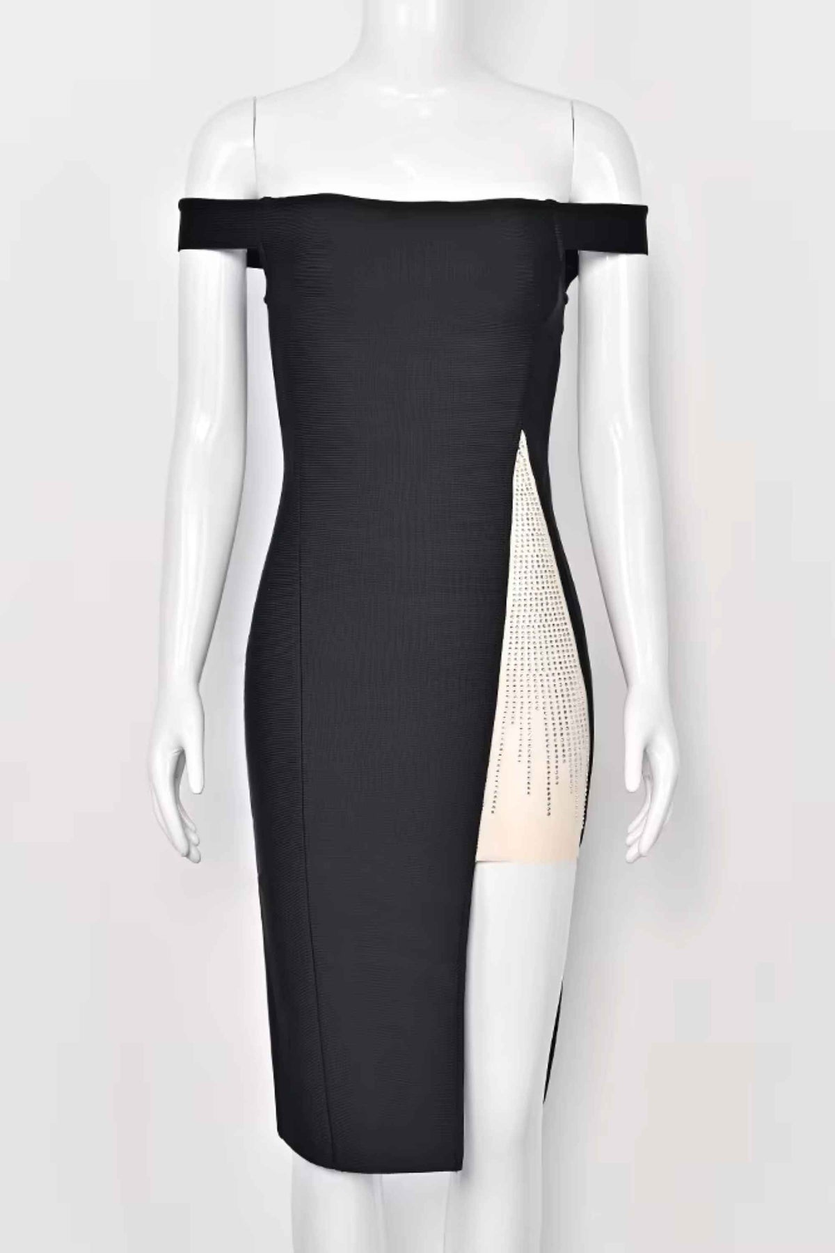 Woman wearing a figure flattering  Sofie Off Shoulder Bodycon Dress - Classic Black BODYCON COLLECTION