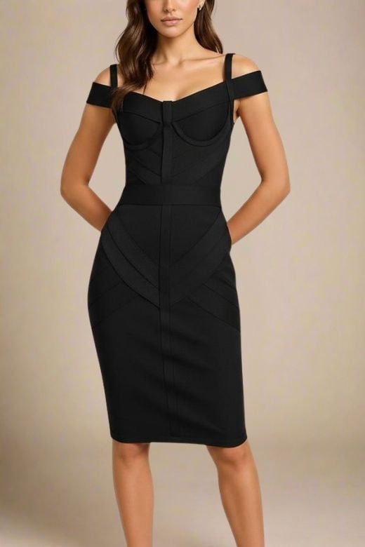 Woman wearing a figure flattering  Sophia Bandage Dress - Classic Black Bodycon Collection