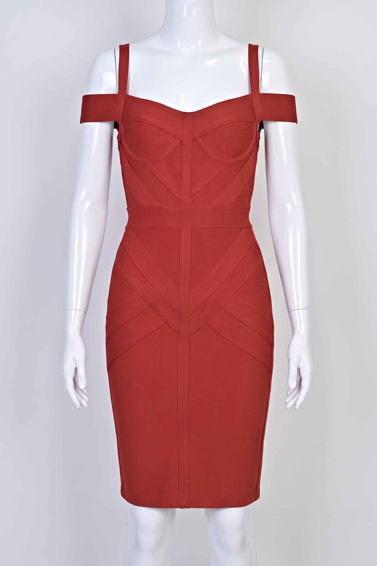 Woman wearing a figure flattering  Sophia Bandage Dress - Lipstick Red Bodycon Collection