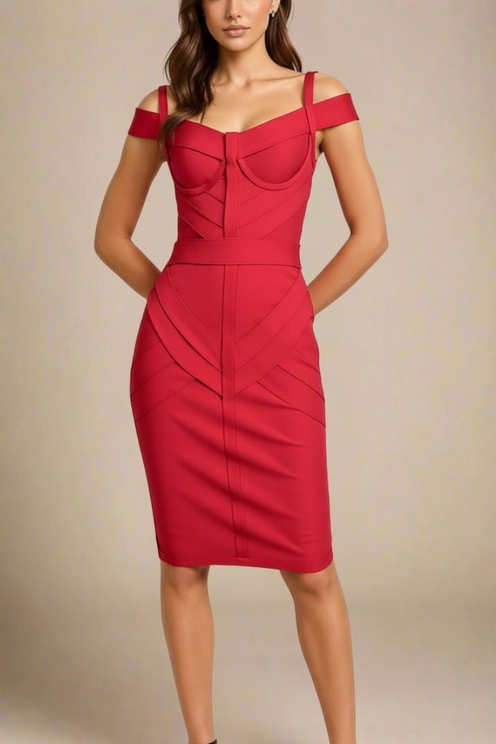 Woman wearing a figure flattering  Sophia Bandage Dress - Lipstick Red Bodycon Collection