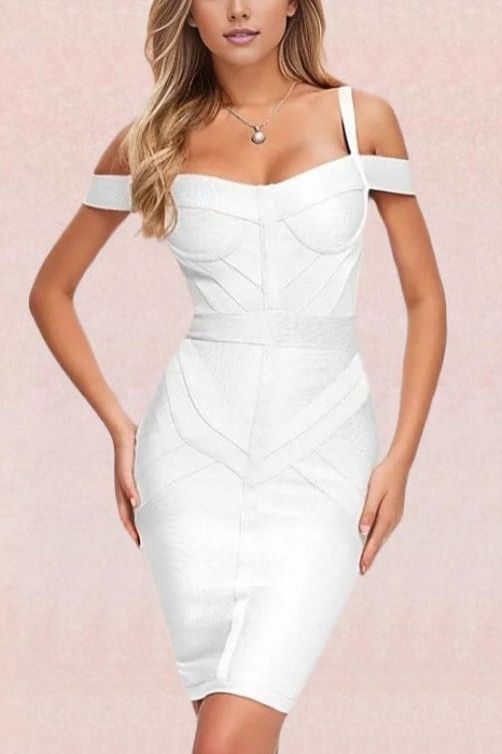 Woman wearing a figure flattering  Sophia Bandage Dress - Pearl White Bodycon Collection