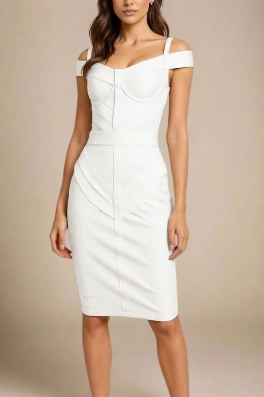 Woman wearing a figure flattering  Sophia Bandage Dress - White Pearl Bodycon Collection