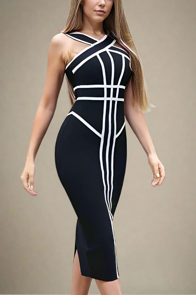 Woman wearing a figure flattering  Suki Bandage Midi Dress - Classic Black BODYCON COLLECTION