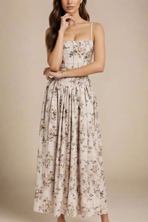 Woman wearing a figure flattering  Tasmin Midi Dress - Beige Cream BODYCON COLLECTION