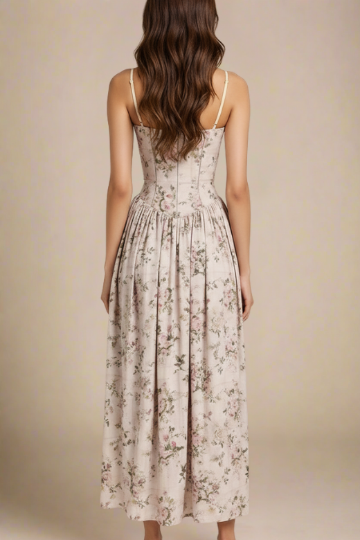 Woman wearing a figure flattering  Tasmin Midi Dress - Beige Cream BODYCON COLLECTION