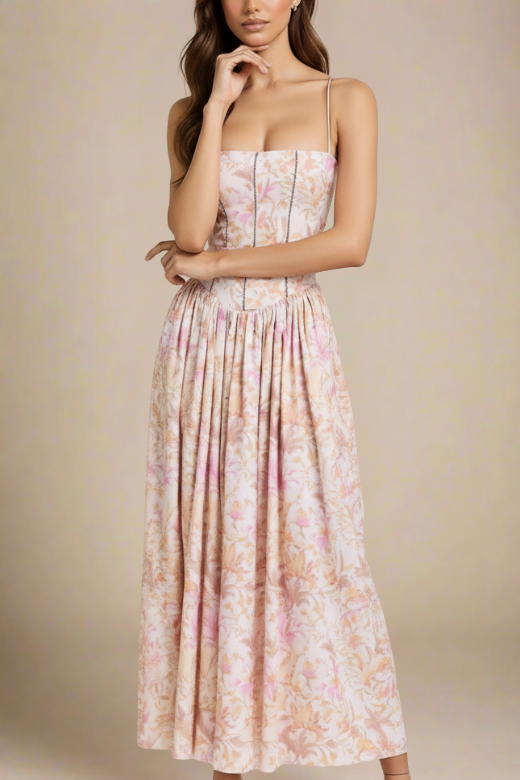 Woman wearing a figure flattering  Tasmin Midi Dress - Pink Print BODYCON COLLECTION