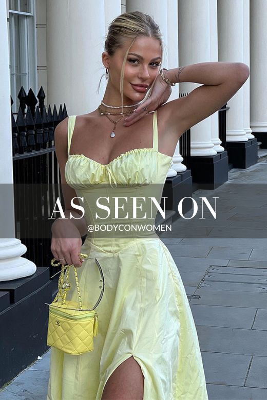 Woman wearing a figure flattering  Taylor Bodycon Day Midi Dress - Sun Yellow BODYCON COLLECTION