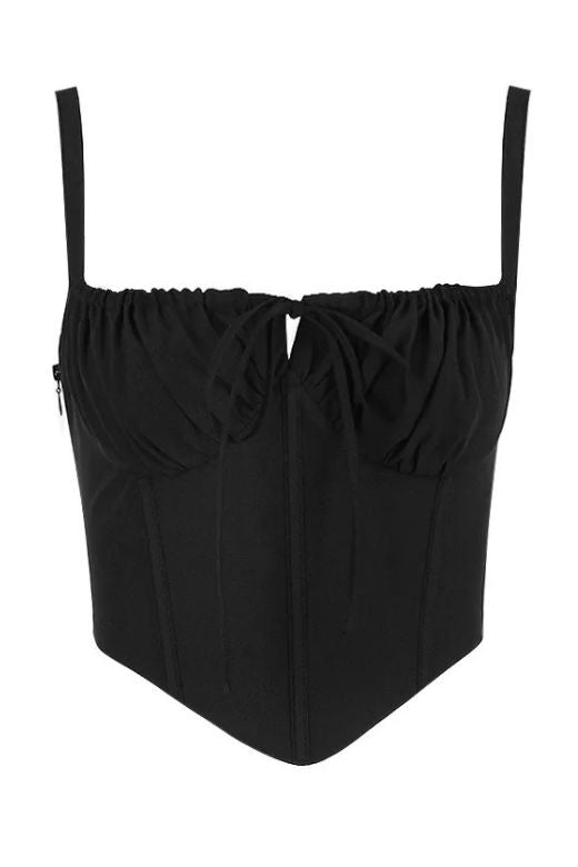 Woman wearing a figure flattering  Taylor Corset Crop Top - Classic Black BODYCON COLLECTION