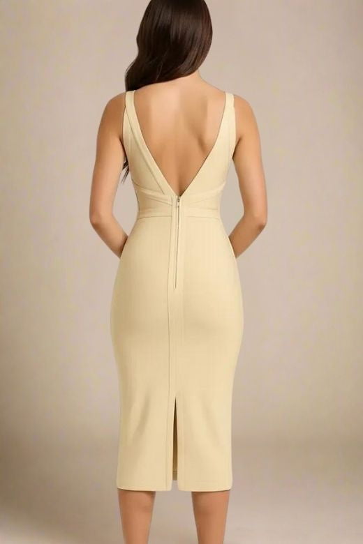Woman wearing a figure flattering  Tyra Bandage Midi Dress - Cream BODYCON COLLECTION Pty Ltd