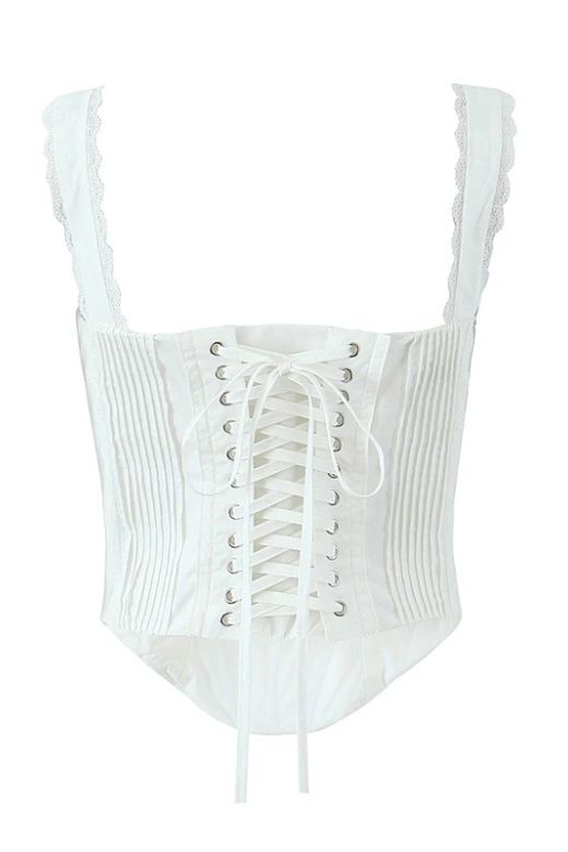 Woman wearing a figure flattering  Valerie Corset Crop Top - Pearl White BODYCON COLLECTION