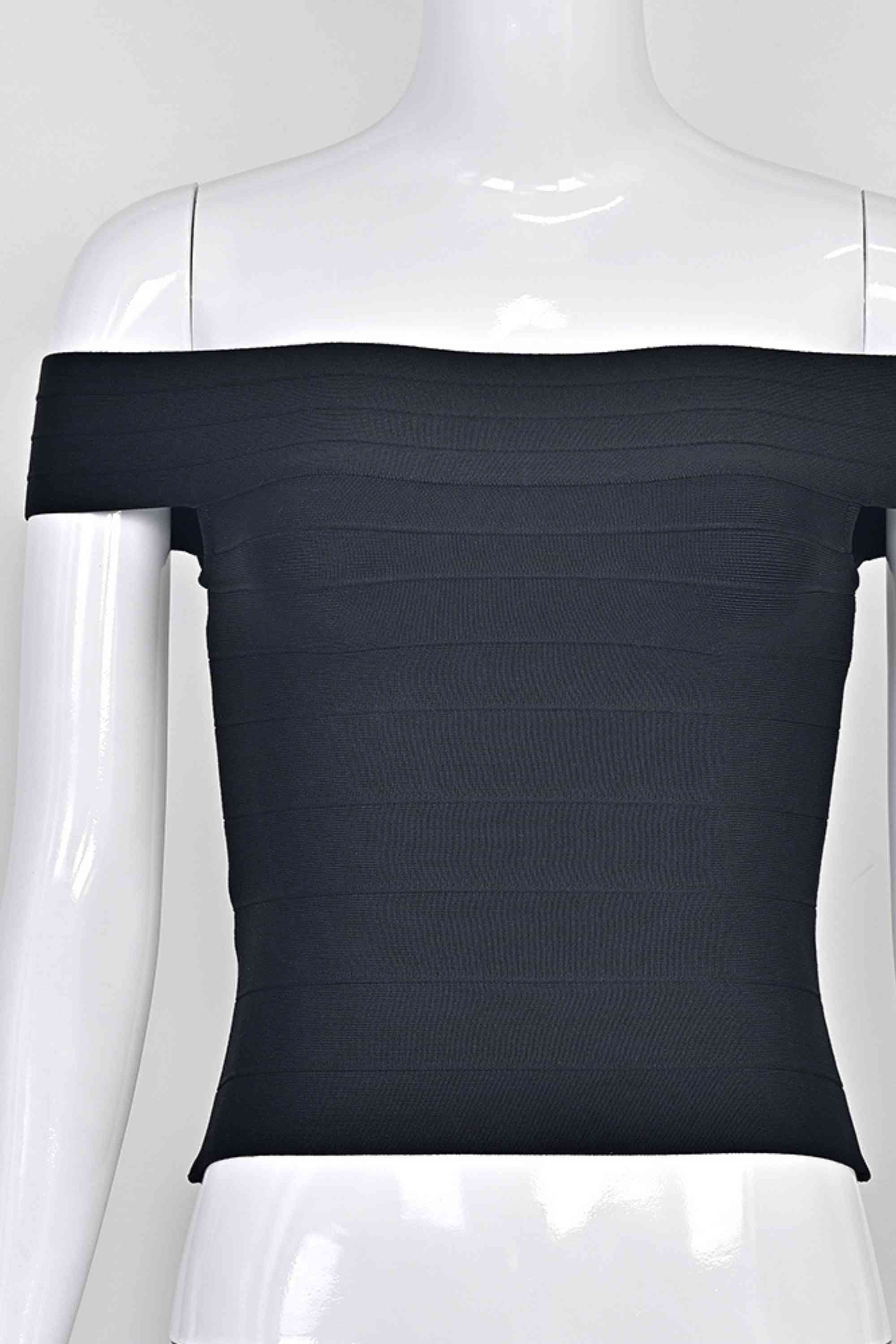 Woman wearing a figure flattering  Vera Bandage Off Shoulder Top - Classic Black BODYCON COLLECTION Pty Ltd