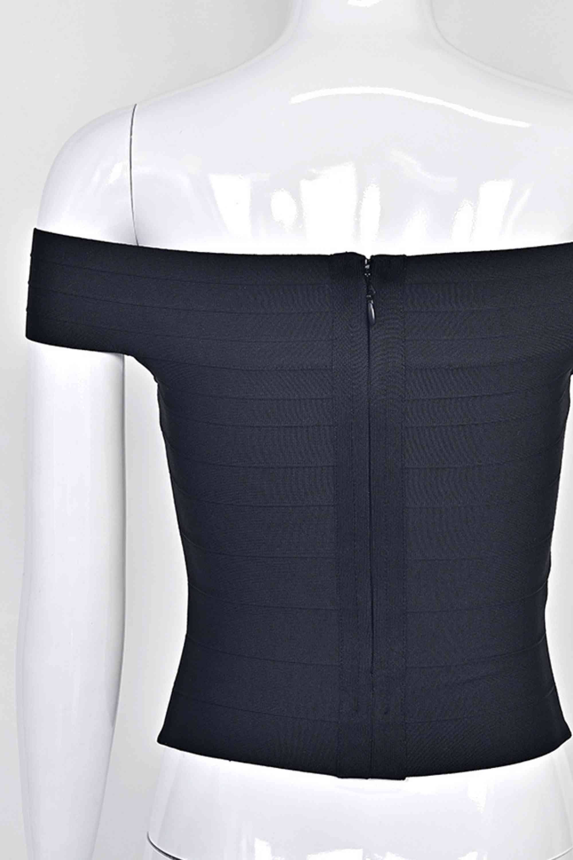 Woman wearing a figure flattering  Vera Bandage Off Shoulder Top - Classic Black BODYCON COLLECTION Pty Ltd