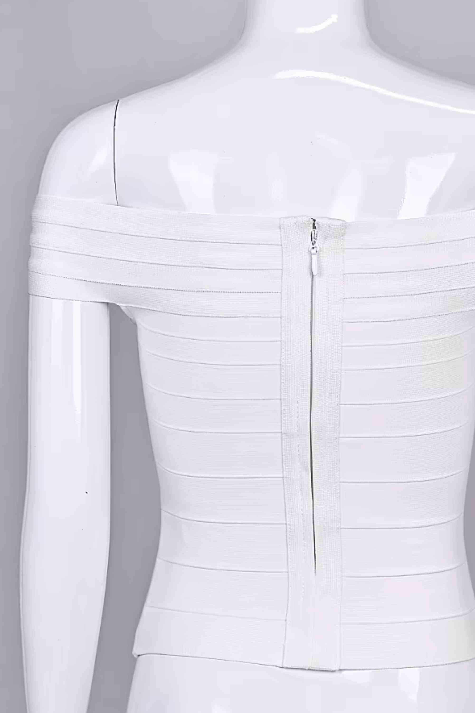 Woman wearing a figure flattering  Vera Bandage Off Shoulder Top - White Pearl BODYCON COLLECTION Pty Ltd