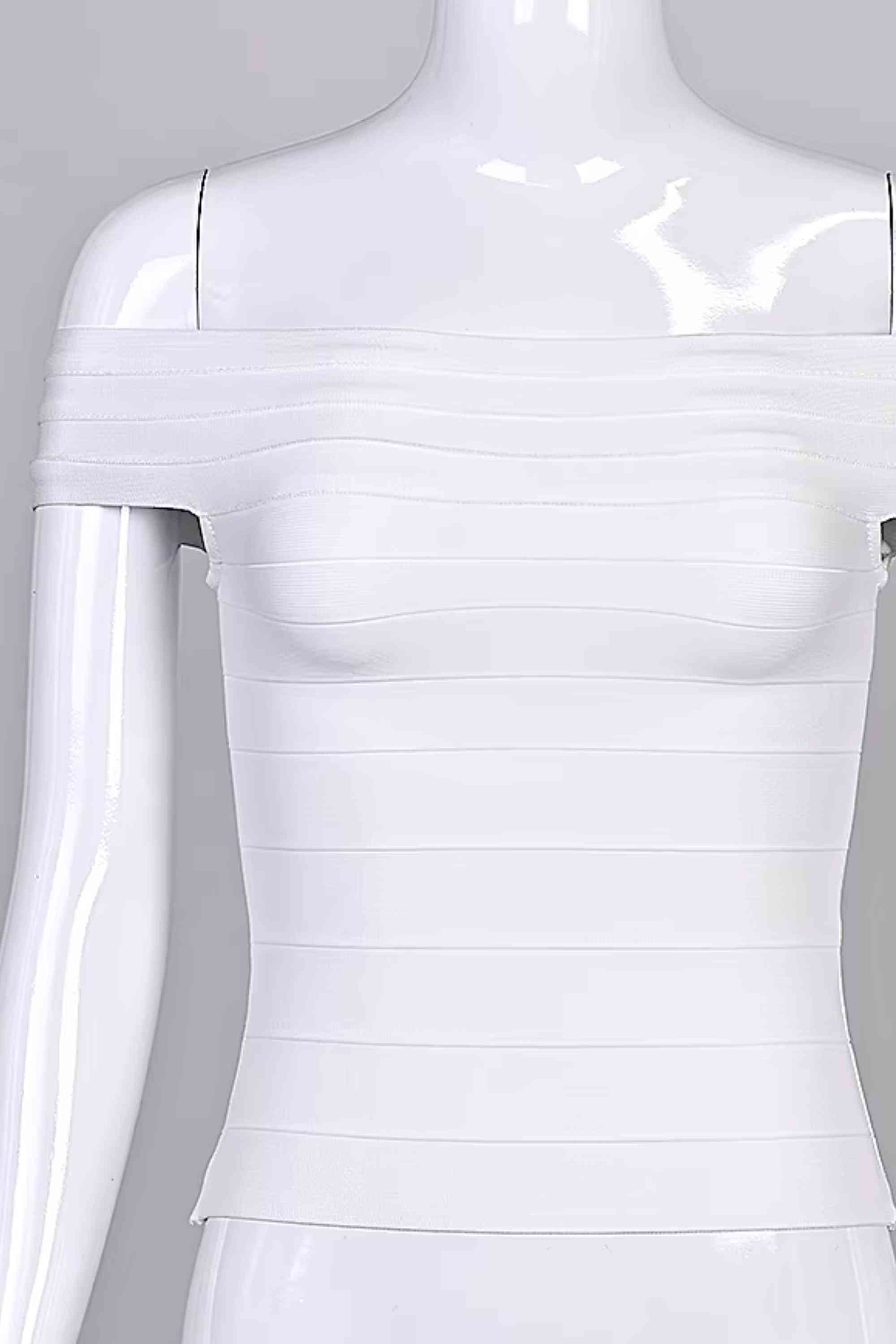 Woman wearing a figure flattering  Vera Bandage Off Shoulder Top - White Pearl BODYCON COLLECTION Pty Ltd