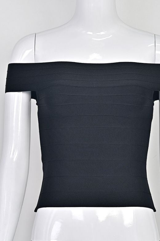 Woman wearing a figure flattering  Vera Bandage Off Shoulder Top - White Pearl BODYCON COLLECTION Pty Ltd