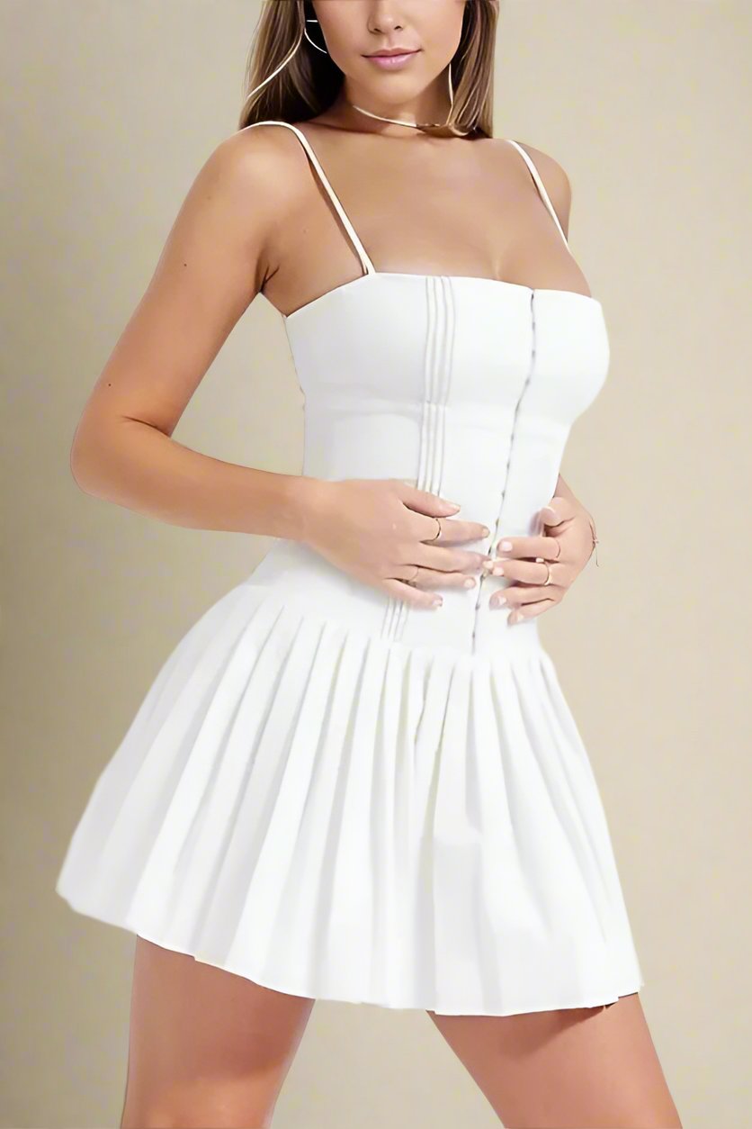 Woman wearing a figure flattering  Vivien Bodycon Mini Dress - Pearl White BODYCON COLLECTION