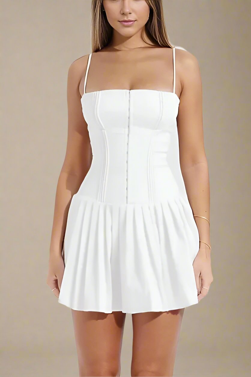 Woman wearing a figure flattering  Vivien Bodycon Mini Dress - Pearl White BODYCON COLLECTION