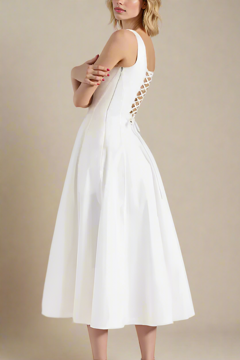 Woman wearing a figure flattering  Willa Bodycon Midi Dress - White Pearl BODYCON COLLECTION Pty Ltd