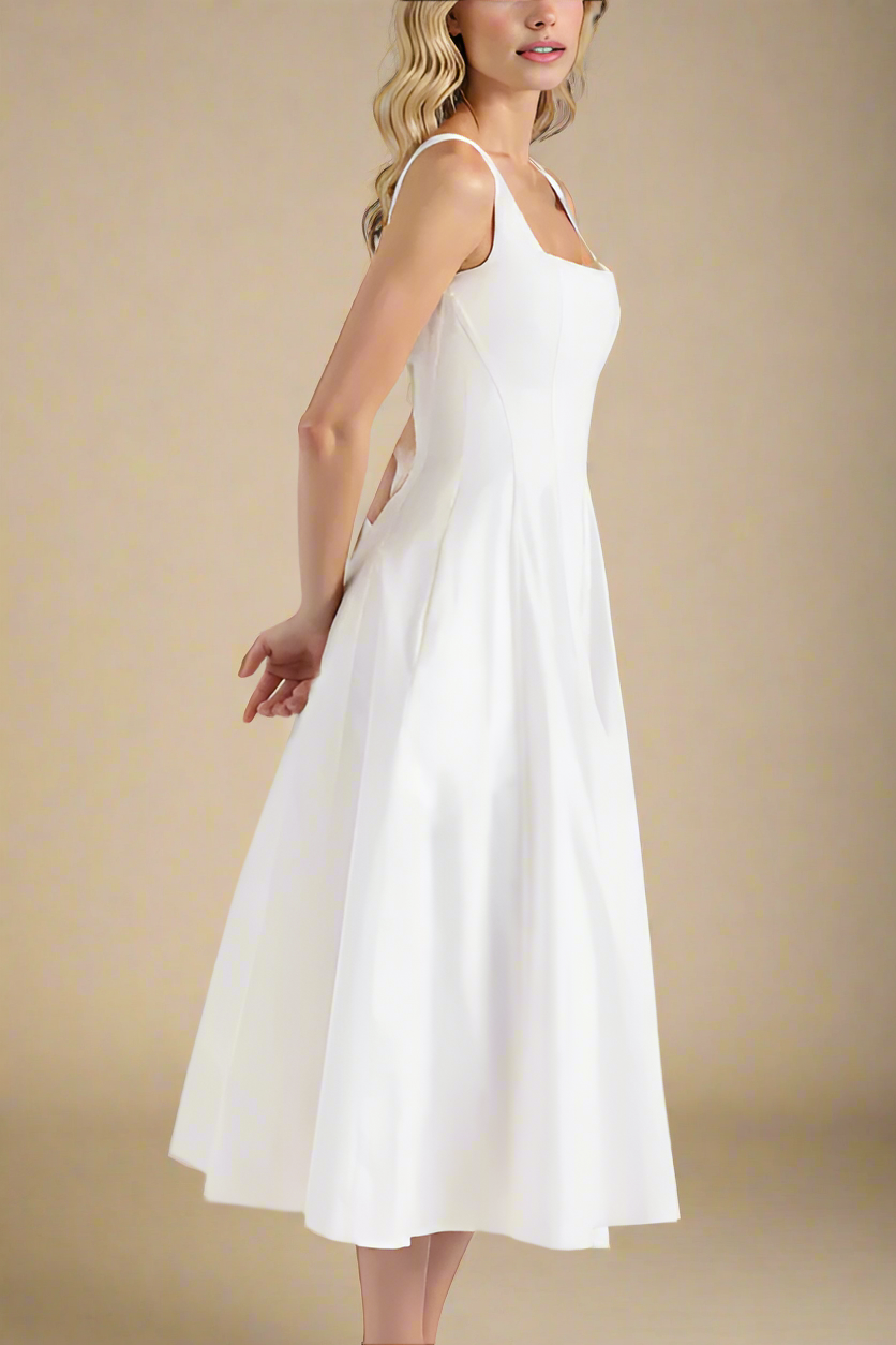 Woman wearing a figure flattering  Willa Bodycon Midi Dress - White Pearl BODYCON COLLECTION Pty Ltd
