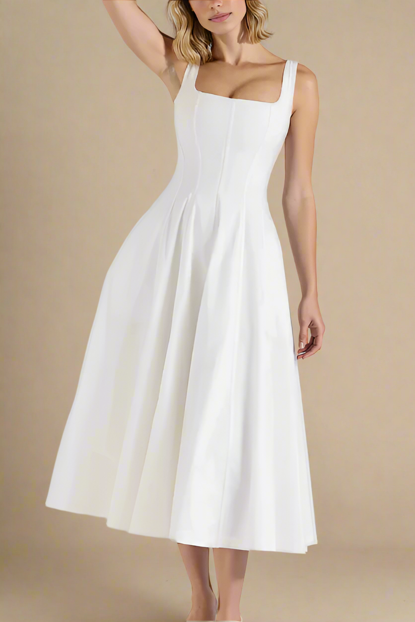 Woman wearing a figure flattering  Willa Bodycon Midi Dress - White Pearl BODYCON COLLECTION Pty Ltd
