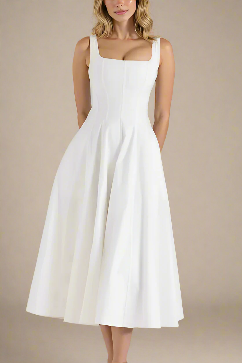 Woman wearing a figure flattering  Willa Bodycon Midi Dress - White Pearl BODYCON COLLECTION Pty Ltd