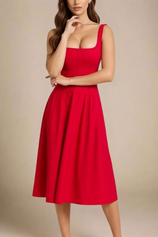 Woman wearing a figure flattering  Willa Midi Dress - Lipstick Red BODYCON COLLECTION Pty Ltd