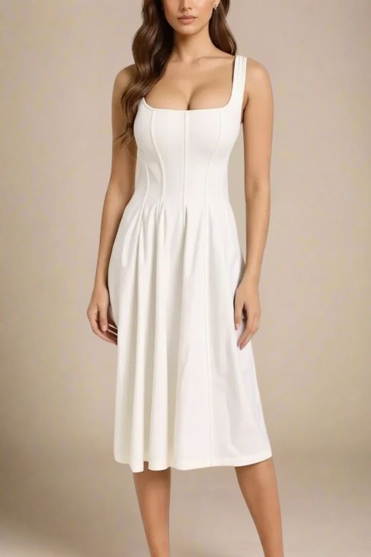 Woman wearing a figure flattering  Willa Midi Dress - White Pearl BODYCON COLLECTION Pty Ltd