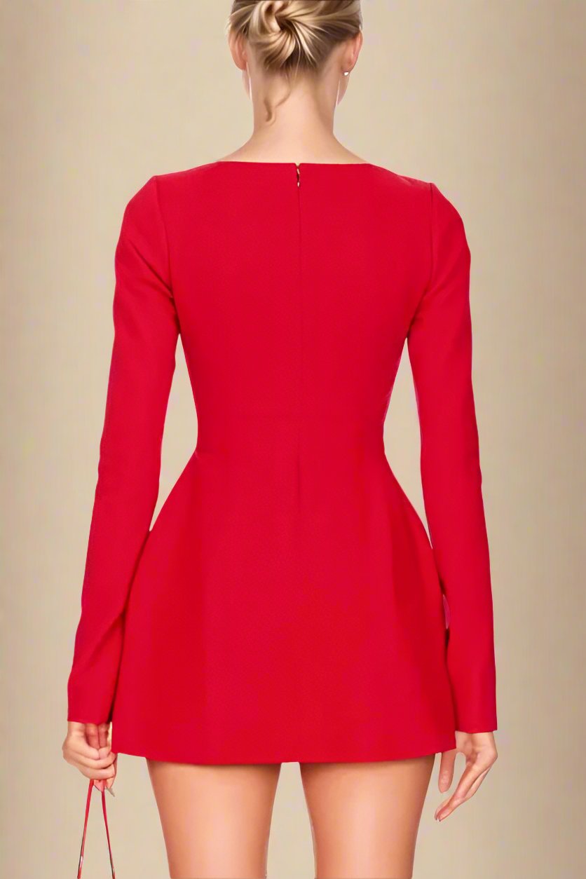 Woman wearing a figure flattering  Zena Long Sleeve Bodycon Mini Dress - Lipstick Red BODYCON COLLECTION