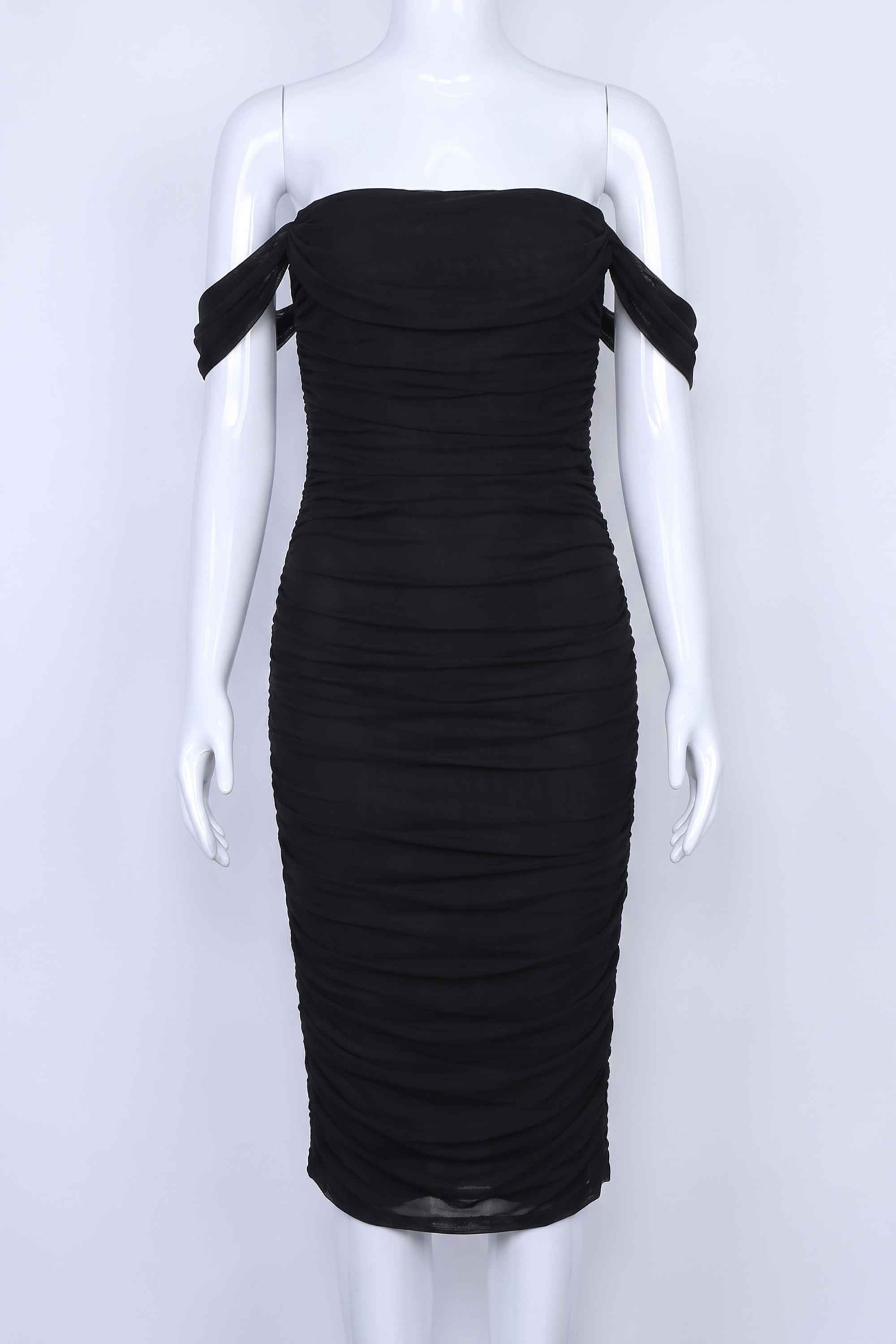 Woman wearing a figure flattering  Zia Bodycon Wrap Midi Dress - Classic Black Bodycon Collection