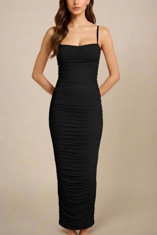 Woman wearing a figure flattering  Zoe Bodycon Wrap Maxi Dress - Classic Black Bodycon Collection