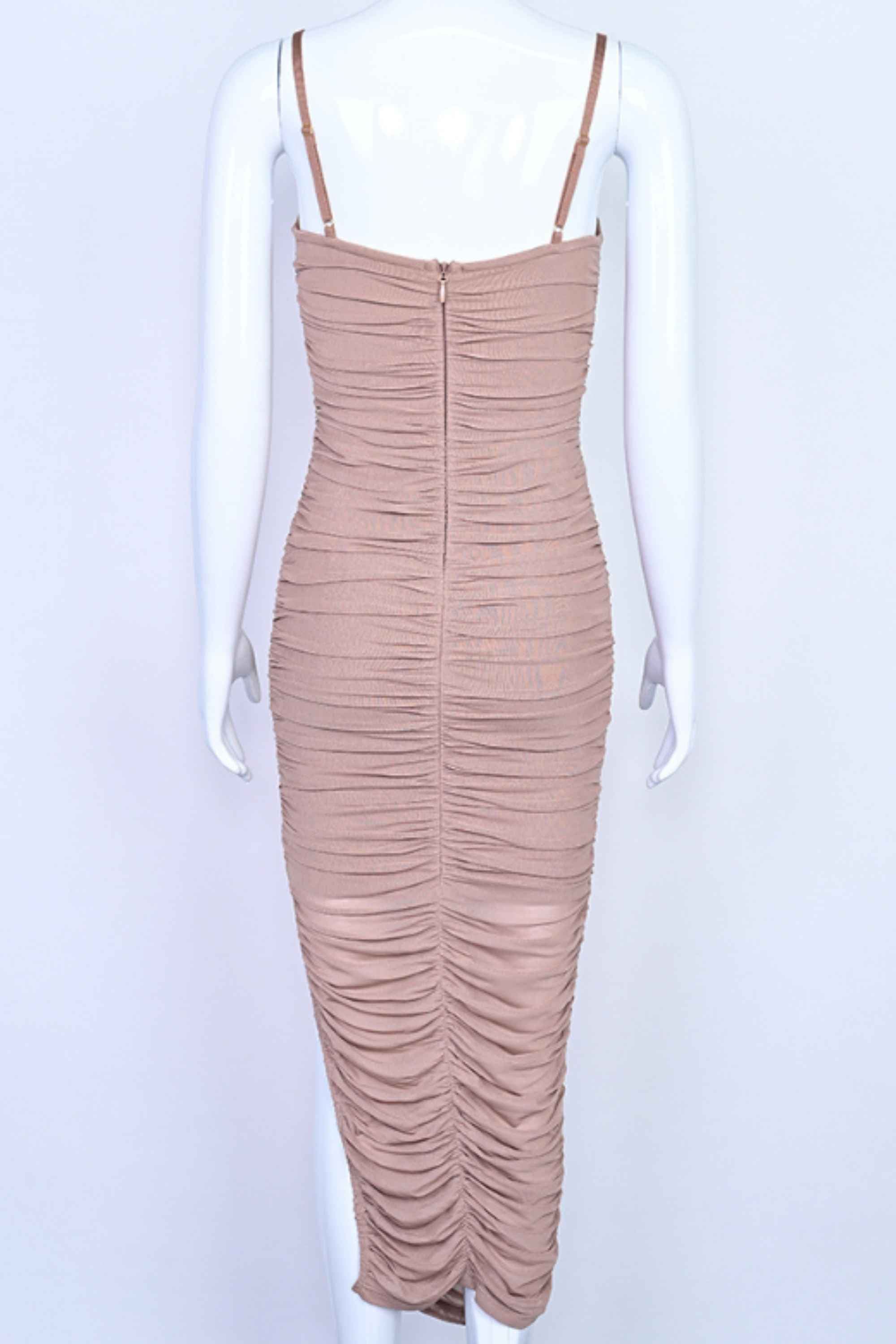 Woman wearing a figure flattering  Zoe Bodycon Wrap Maxi Dress - Tan Brown Bodycon Collection